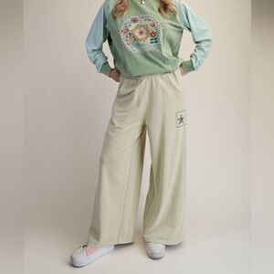 1-0404 Beachy Embroidered Cotton Blend Wide leg Starfish Pull On Pants -Boutique